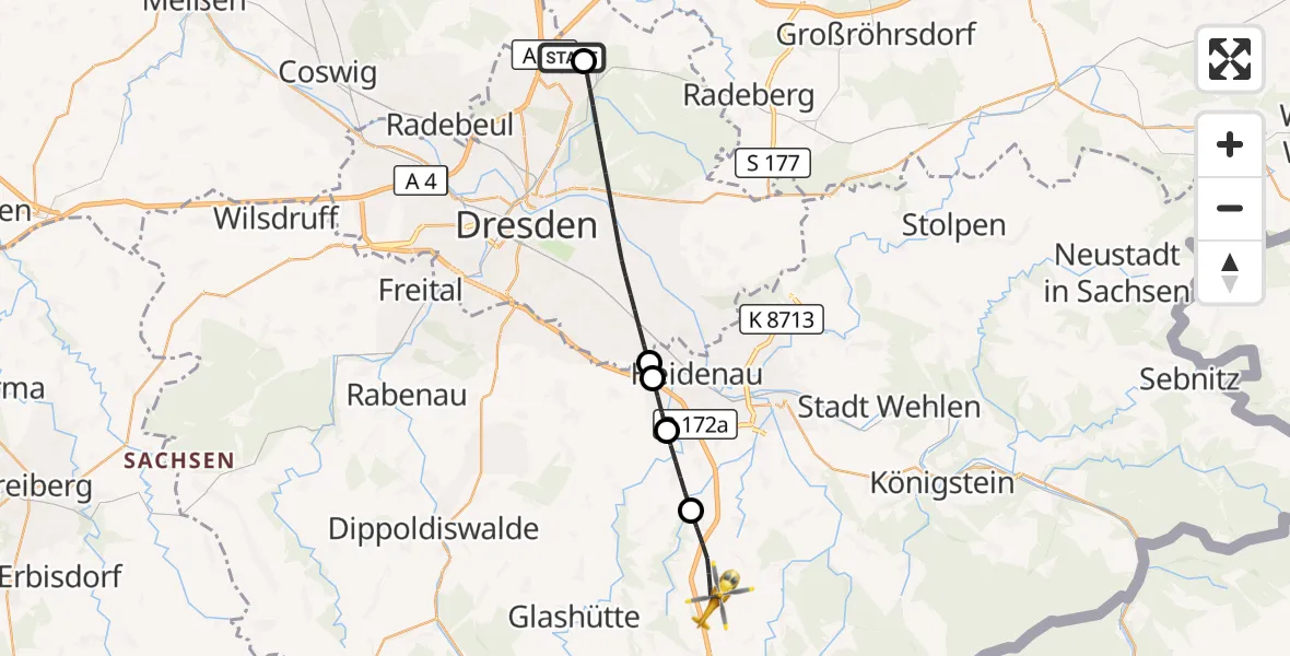 Flugroute Rettungshubschrauber Dresden Bundespolizei Hubschrauberlandeplatz - Bahretal, 11 Juli 2026, 08:40