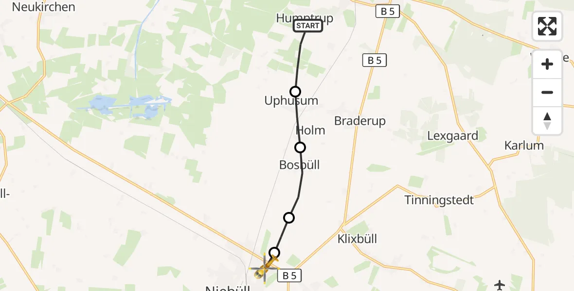 Flugroute Ambulanzhubschrauber Humptrup - Niebüll, 11 Juli 2026, 08:43