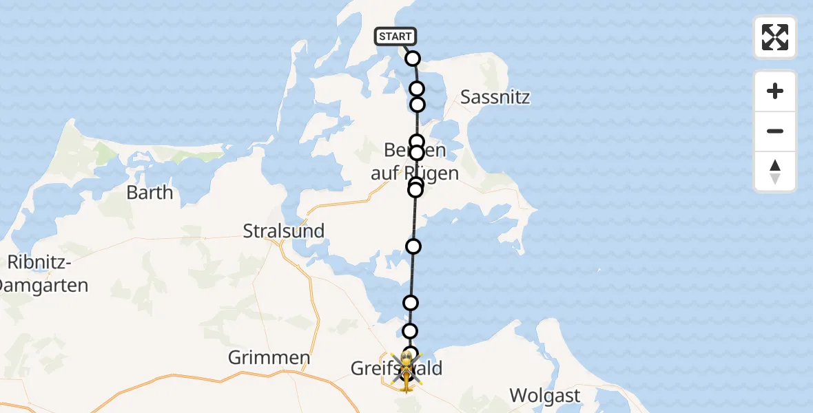 Flugroute Rettungshubschrauber Breege - Greifswald Hospital, 11 Juli 2026, 08:51