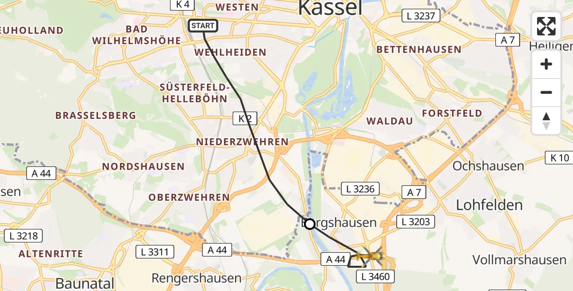 Flugroute Rettungshubschrauber Kassel - Fuldabrück, 11 Juli 2026, 08:55