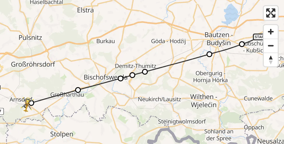 Flugroute Rettungshubschrauber Kubschütz - Arnsdorf, 11 Juli 2026, 08:58