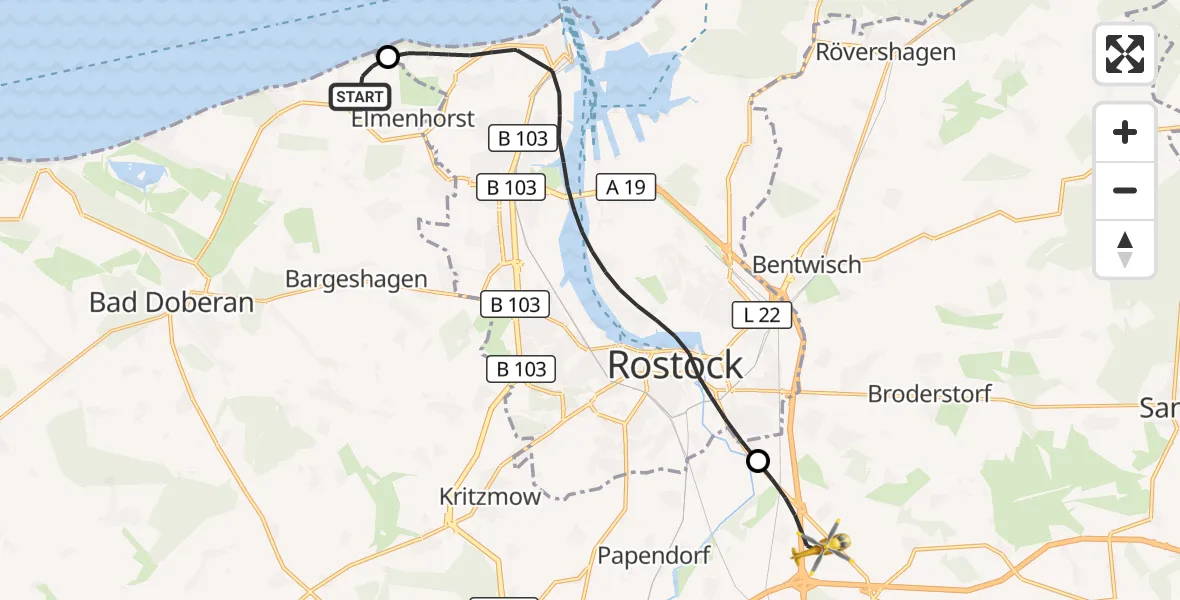 Flugroute Ambulanzhubschrauber Elmenhorst/Lichtenhagen - Dummerstorf, 11 Juli 2026, 09:04