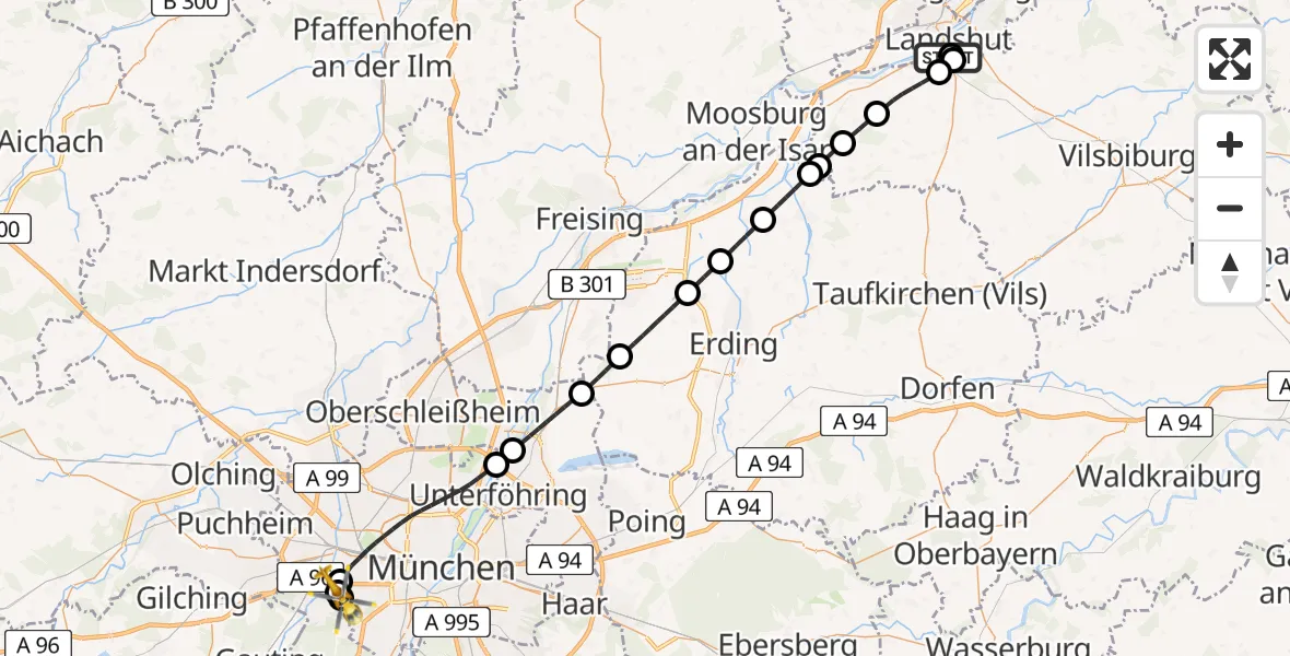 Flugroute Rettungshubschrauber Lakumed Hospital Landshut-Achdorf - Gräfelfing, 11 Juli 2026, 09:07