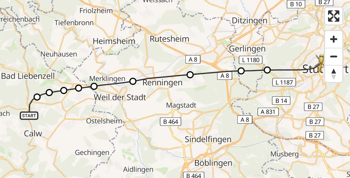 Flugroute Rettungshubschrauber Calw - Stuttgart, 11 Juli 2026, 09:08