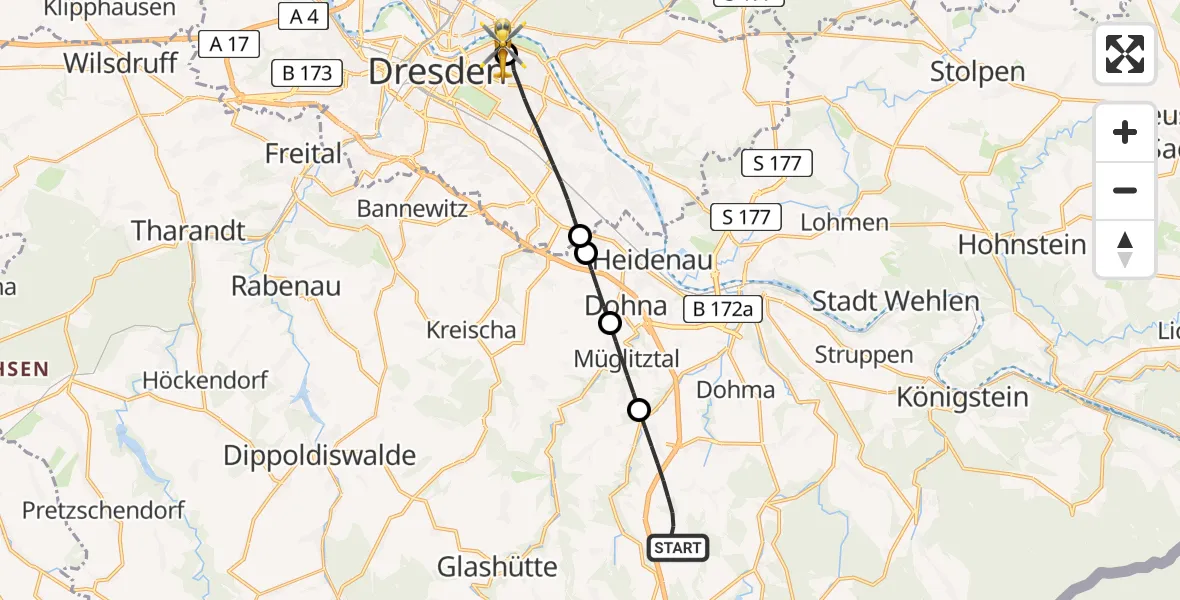 Flugroute Rettungshubschrauber Bahretal - Dresden University Hospital, 11 Juli 2026, 09:20