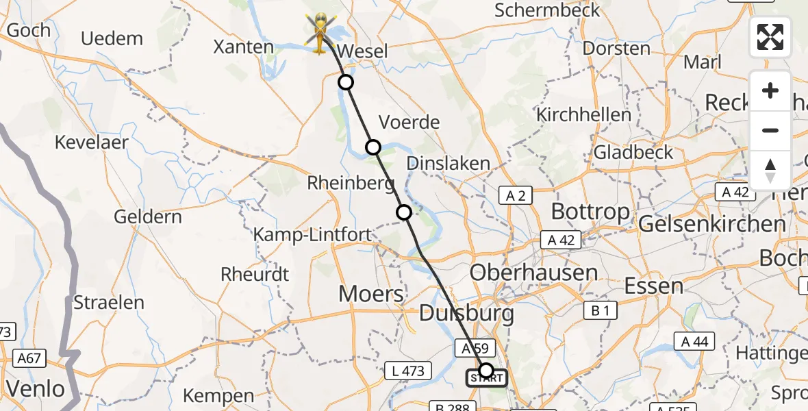 Flugroute Rettungshubschrauber Duisburg Air Rescue Hubschrauberlandeplatz (Christoph 9) - Wesel, 11 Juli 2026, 09:21