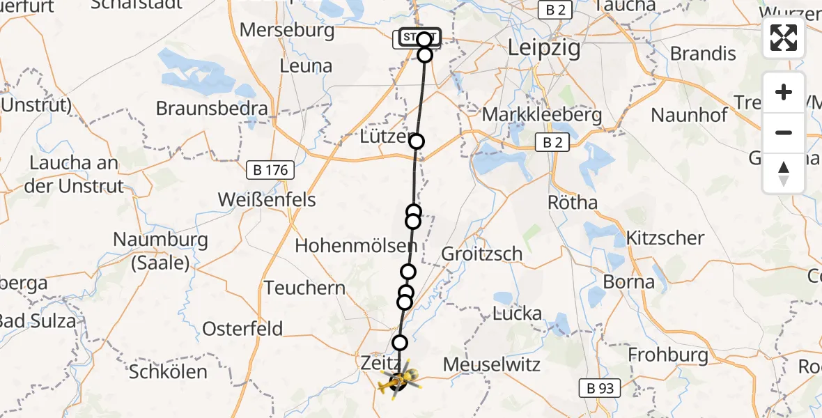 Flugroute Rettungshubschrauber ADAC Air Rescue Station Leipzig/Schkeuditz-Dölzig Hubschrauberlandeplatz (Christoph 61) - Zeitz Hospital, 11 Juli 2026, 09:25