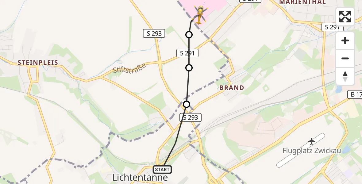 Flugroute Rettungshubschrauber Lichtentanne - ADAC Air Rescue Station Zwickau Hubschrauberlandeplatz, 11 Juli 2026, 09:29