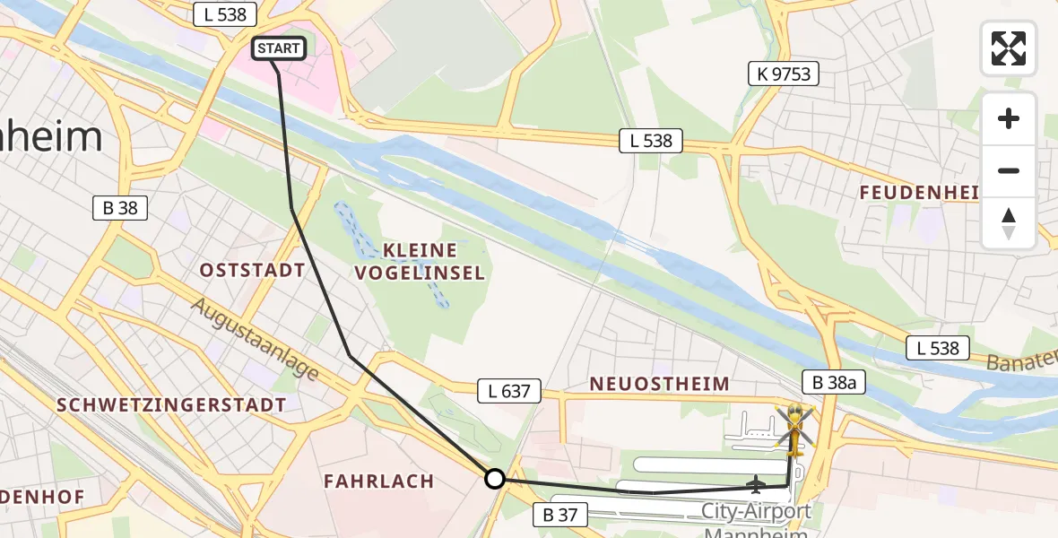 Flugroute Rettungshubschrauber Mannheim - Mannheim-City Flughafen, 11 Juli 2026, 09:29