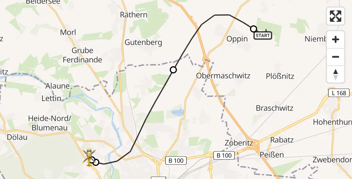 Flugroute Rettungshubschrauber Halle-Oppin Flugplatz - Halle (Saale) University Hospital, 11 Juli 2026, 09:31