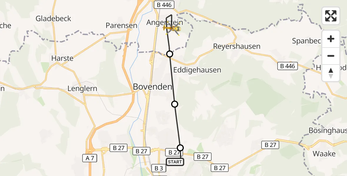Flugroute Rettungshubschrauber Göttingen University Clinic Hubschrauberlandeplatz - Nörten-Hardenberg, 11 Juli 2026, 09:32