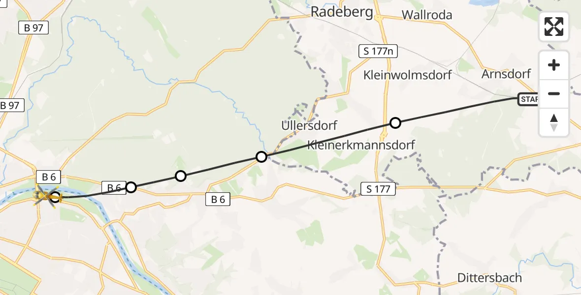 Flugroute Rettungshubschrauber Arnsdorf - Dresden Elbwiesen Hubschrauberlandeplatz, 11 Juli 2026, 09:35