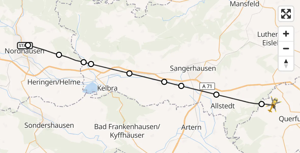 Flugroute Rettungshubschrauber Südharz Hospital Nordhausen - Querfurt, 11 Juli 2026, 09:36