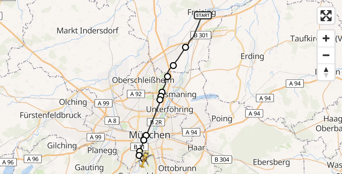 Flugroute Rettungshubschrauber Freising - ADAC Air Rescue Center Hubschrauberlandeplatz (Christoph 1), 11 Juli 2026, 09:41