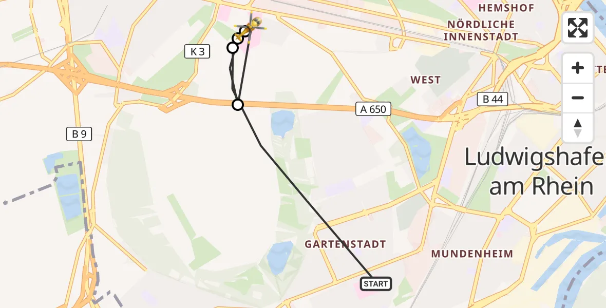 Flugroute Rettungshubschrauber Ludwigshafen am Rhein - Ludwigshafen Accident Hospital, 11 Juli 2026, 09:49