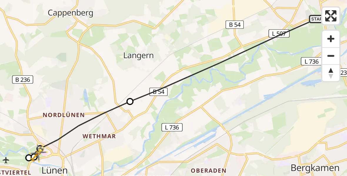 Flugroute Rettungshubschrauber Werne - Sankt Marien Hospital, 11 Juli 2026, 09:52