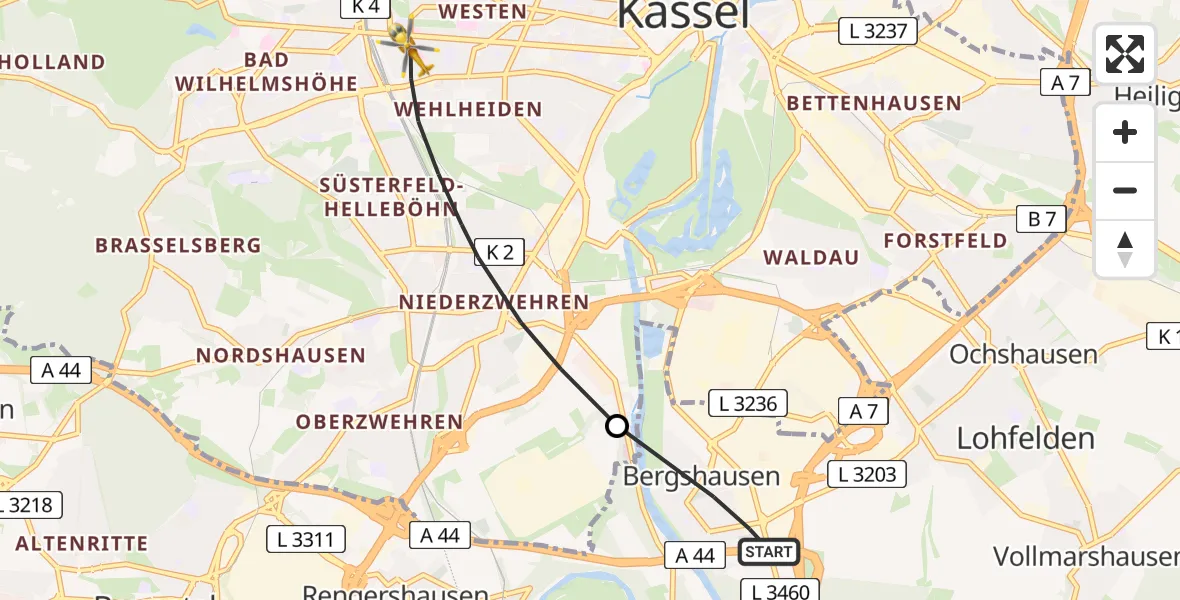 Flugroute Rettungshubschrauber Fuldabrück - Kassel, 11 Juli 2026, 09:52