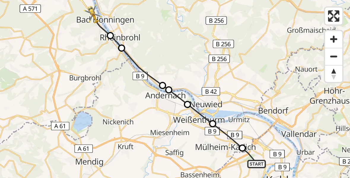 Flugroute Rettungshubschrauber Koblenz - Bad Breisig, 11 Juli 2026, 09:52