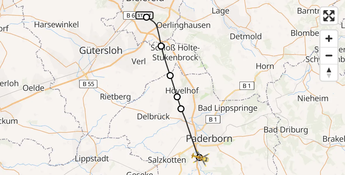 Flugroute Rettungshubschrauber Luftrettungszentrum Bielefeld - Borchen, 11 Juli 2026, 10:02