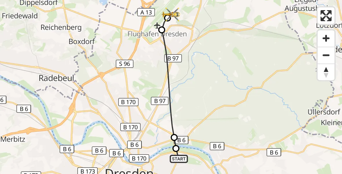 Flugroute Rettungshubschrauber Dresden University Hospital - Dresden Bundespolizei Hubschrauberlandeplatz, 11 Juli 2026, 10:04