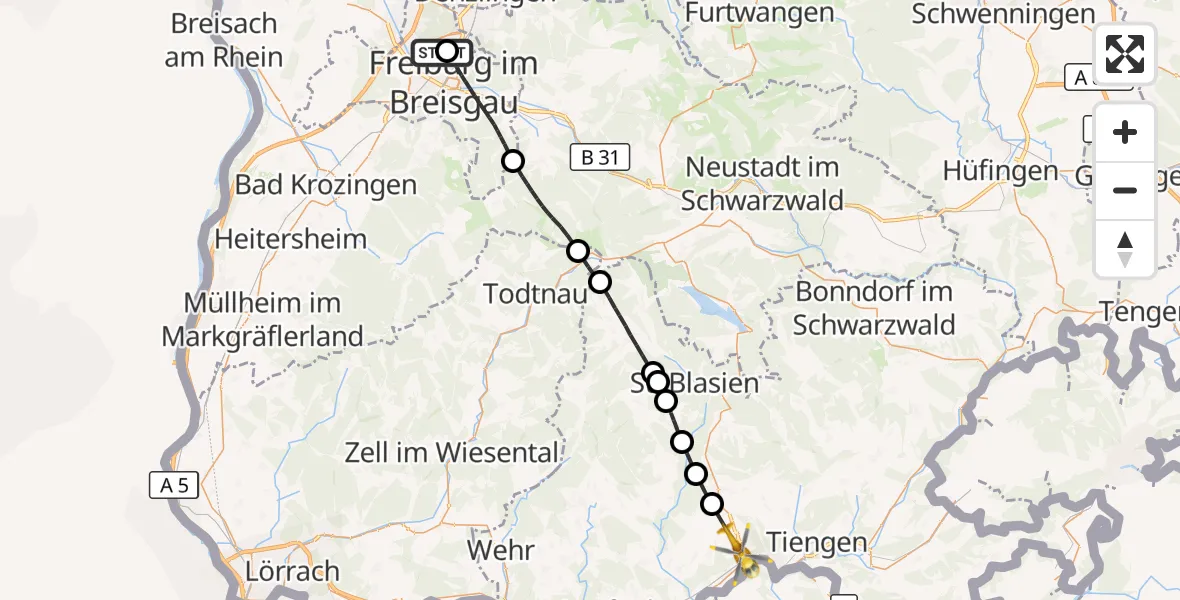 Flugroute Ambulanzhubschrauber Freiburg im Breisgau Flugplatz - Waldshut-Tiengen, 11 Juli 2026, 10:06