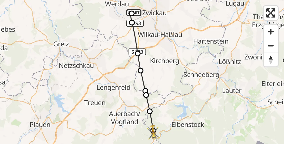 Flugroute Rettungshubschrauber ADAC Air Rescue Station Zwickau Hubschrauberlandeplatz - Auerbach/Vogtl., 11 Juli 2026, 10:10