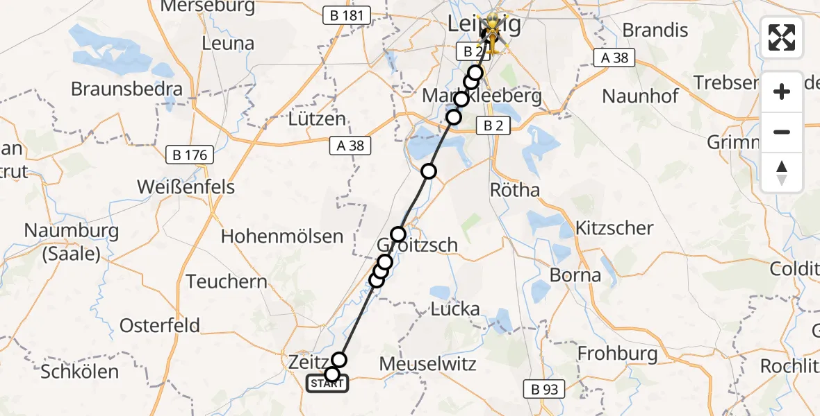 Flugroute Rettungshubschrauber Zeitz Hospital - Leipzig University Hospital Heliport 1, 11 Juli 2026, 10:13
