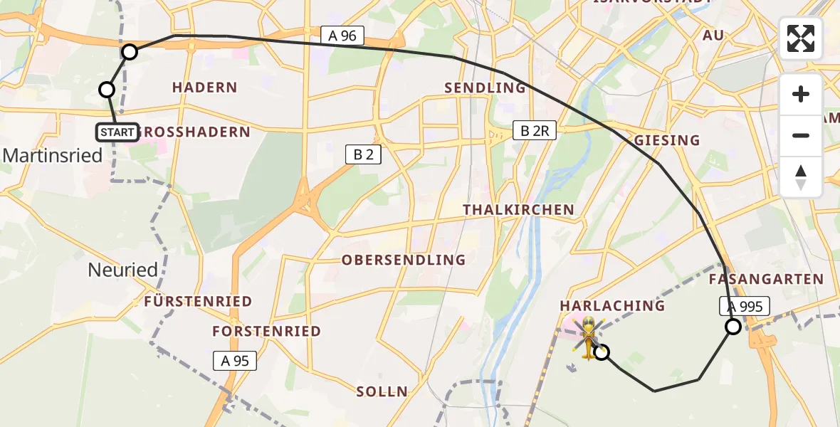 Flugroute Rettungshubschrauber DRF Air Rescue München Hubschrauberlandeplatz - ADAC Air Rescue Center Hubschrauberlandeplatz (Christoph 1), 11 Juli 2026, 10:13