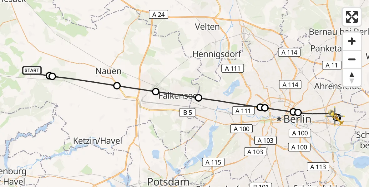 Flugroute Rettungshubschrauber Märkisch Luch - Berlin Emergency Hospital, 11 Juli 2026, 10:15
