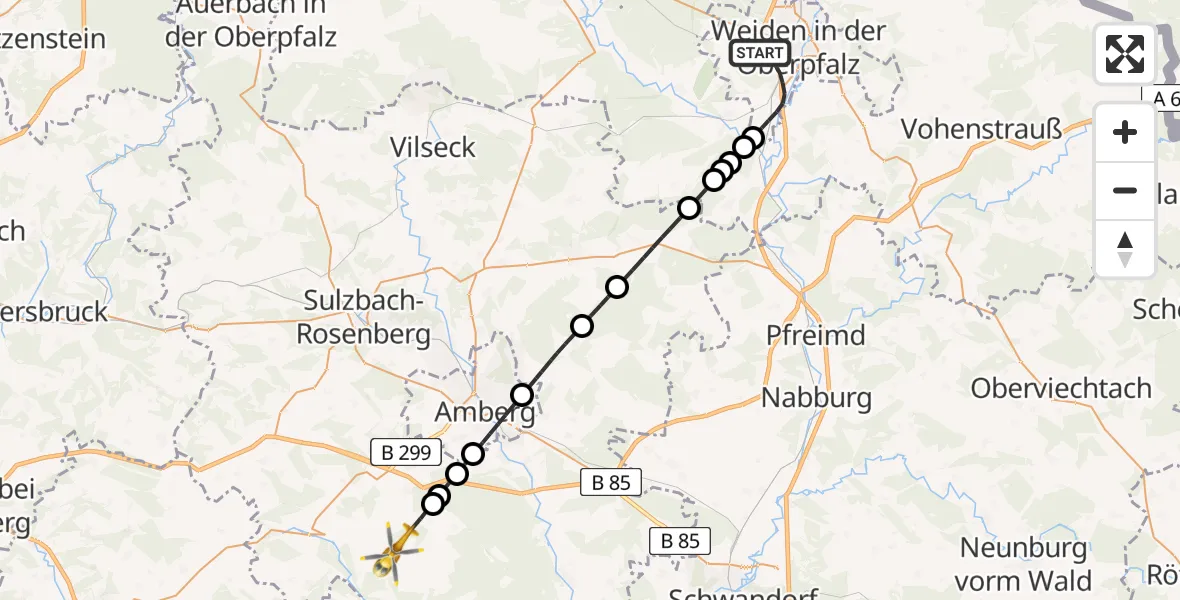 Flugroute Ambulanzhubschrauber Weiden i.d.OPf. - Ursensollen, 11 Juli 2026, 10:17