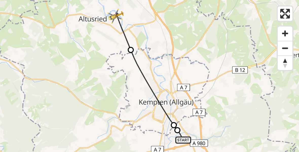 Flugroute Rettungshubschrauber Kempten-Durach Flugplatz - Altusried, 11 Juli 2026, 10:18