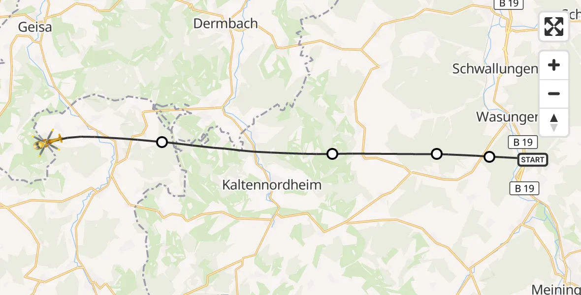 Flugroute Rettungshubschrauber Wasungen - Tann (Rhön), 11 Juli 2026, 10:20