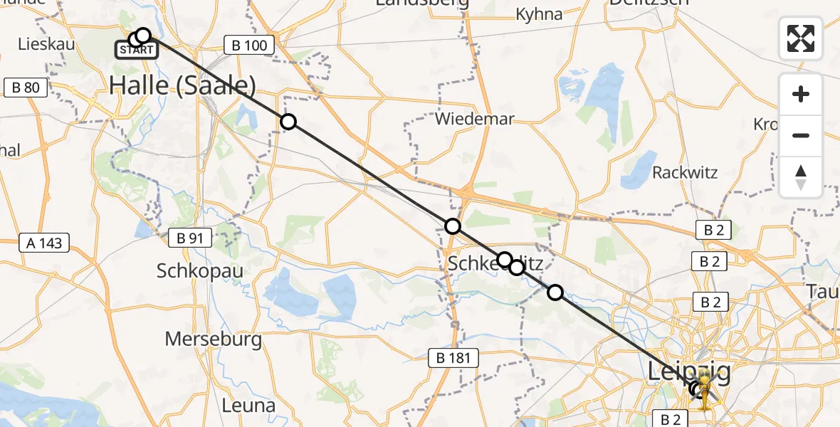 Flugroute Rettungshubschrauber Halle (Saale) University Hospital - Leipzig University Hospital Heliport 1, 11 Juli 2026, 10:22