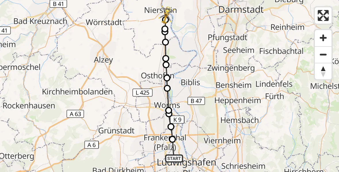 Flugroute Rettungshubschrauber Ludwigshafen am Rhein - Oppenheim, 11 Juli 2026, 10:24