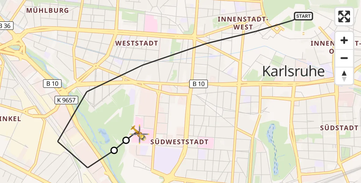 Flugroute Ambulanzhubschrauber Karlsruhe - Sankt Vincentius Hospital, 11 Juli 2026, 10:24