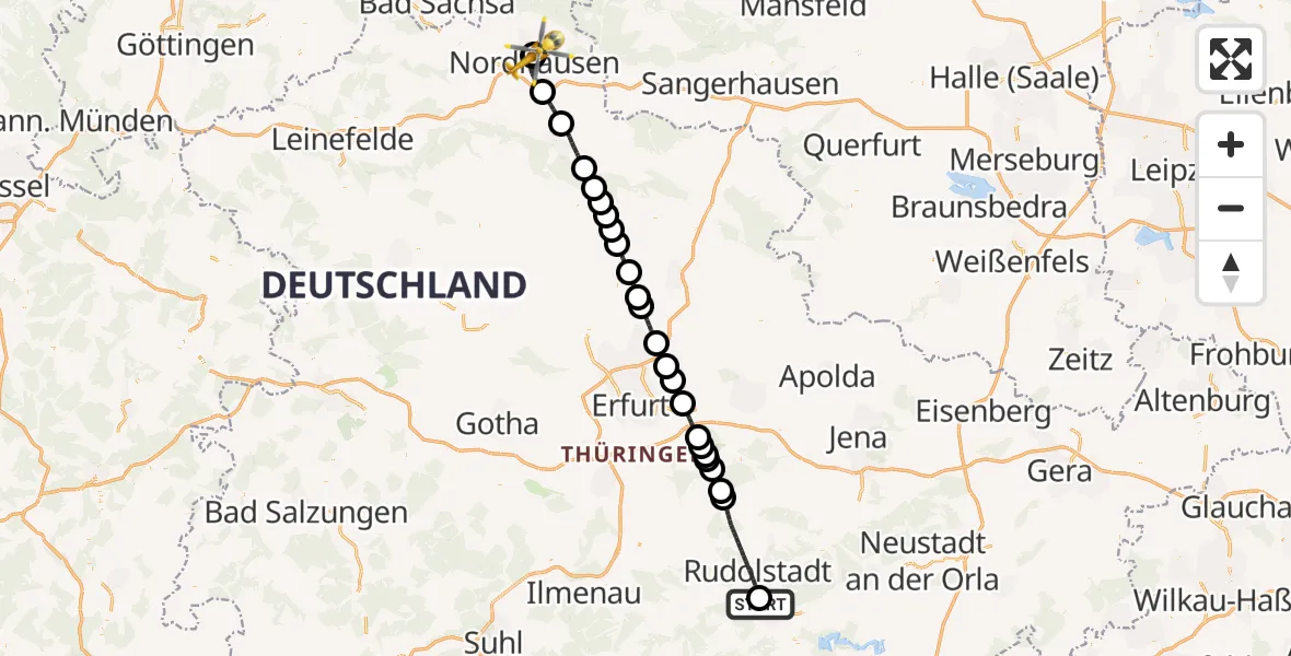 Flugroute Ambulanzhubschrauber Saalfeld/Saale - Südharz Hospital Nordhausen, 11 Juli 2026, 10:25