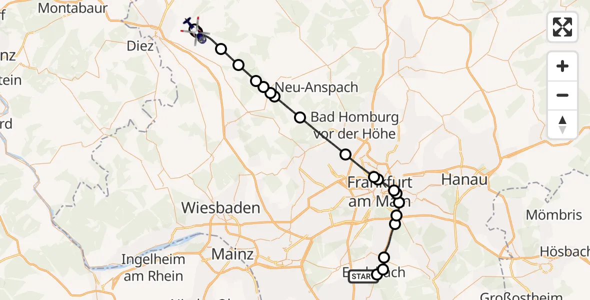 Flugroute Polizeihubschrauber Flughafen Frankfurt-Egelsbach - Villmar, 11 Juli 2026, 10:26