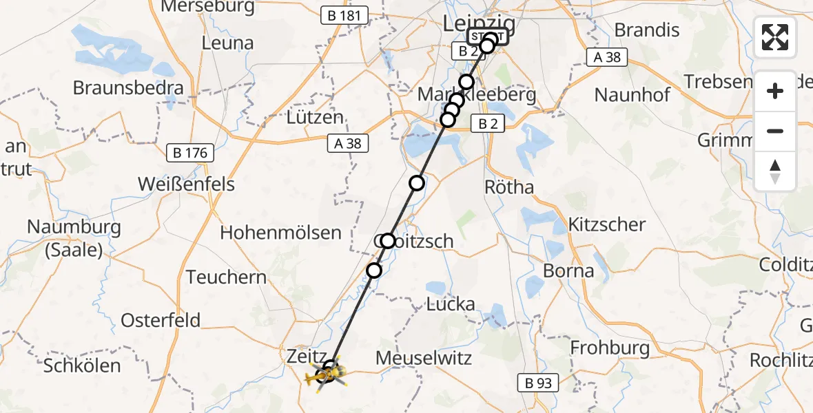 Flugroute Rettungshubschrauber Leipzig University Hospital Heliport 1 - Zeitz Hospital, 11 Juli 2026, 10:29