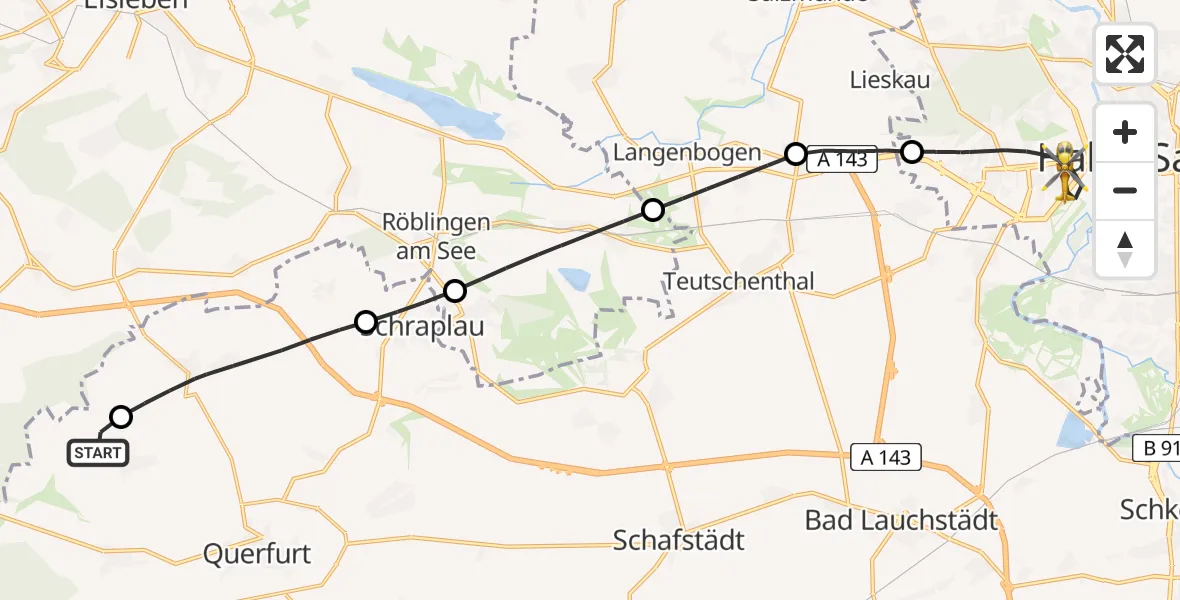 Flugroute Rettungshubschrauber Querfurt - Halle (Saale), 11 Juli 2026, 10:30