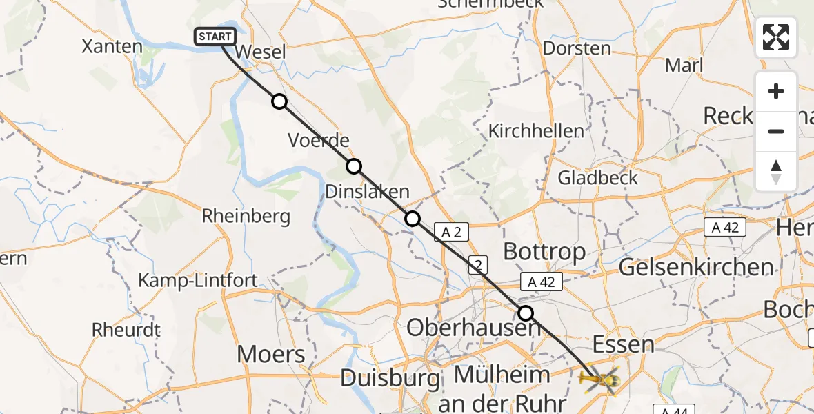 Flugroute Rettungshubschrauber Wesel - Essen, 11 Juli 2026, 10:32