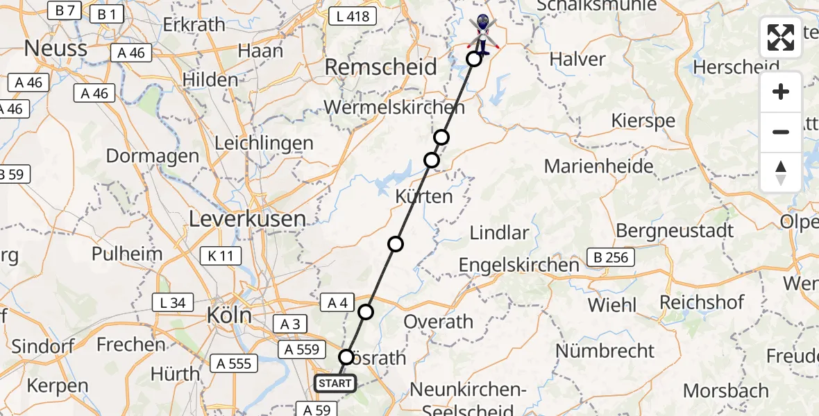 Flugroute Polizeihubschrauber Köln Bonn Flughafen - Radevormwald, 11 Juli 2026, 10:35