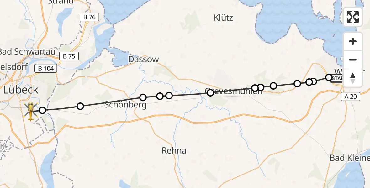 Flugroute Rettungshubschrauber Wismar - Lübeck, 11 Juli 2026, 10:40