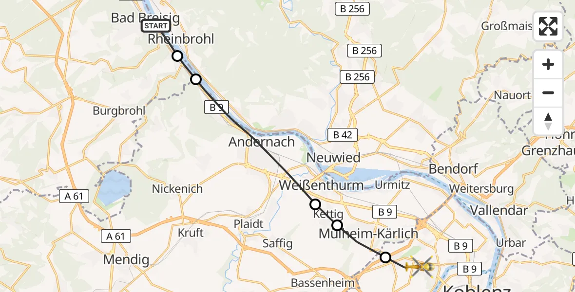 Flugroute Rettungshubschrauber Bad Breisig - Koblenz, 11 Juli 2026, 10:40