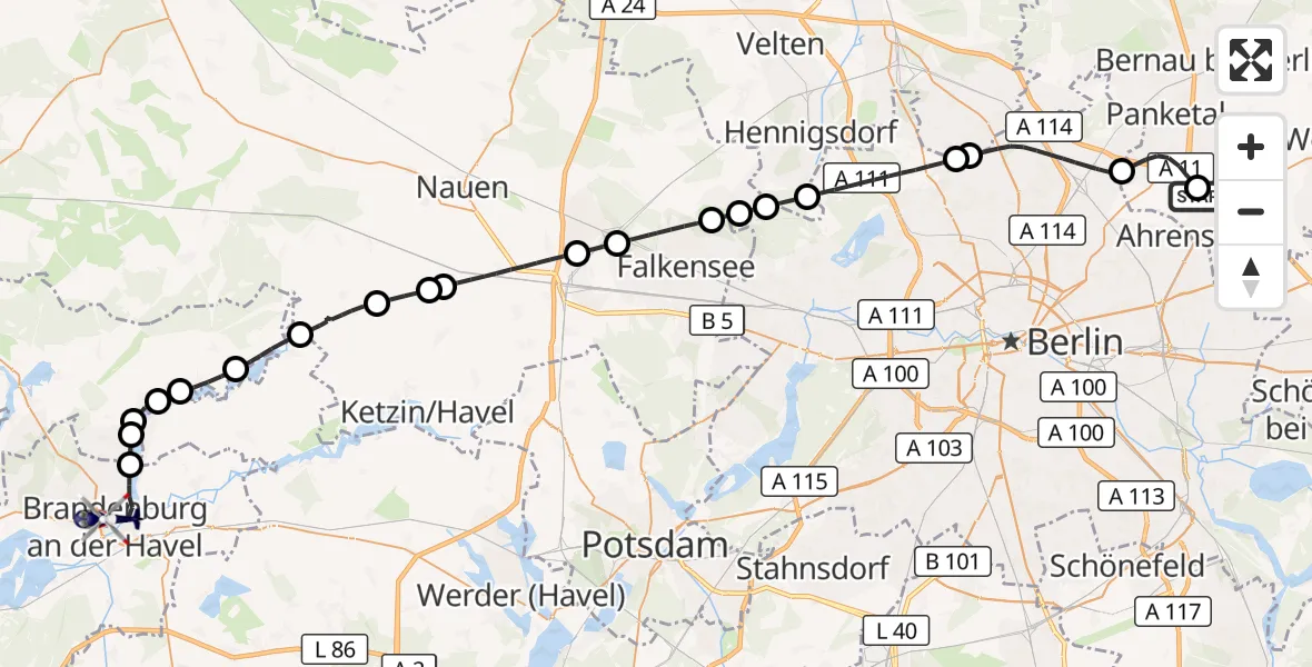 Flugroute Polizeihubschrauber Ahrensfelde Hubschrauberlandeplatz - Brandenburg an der Havel, 11 Juli 2026, 10:45