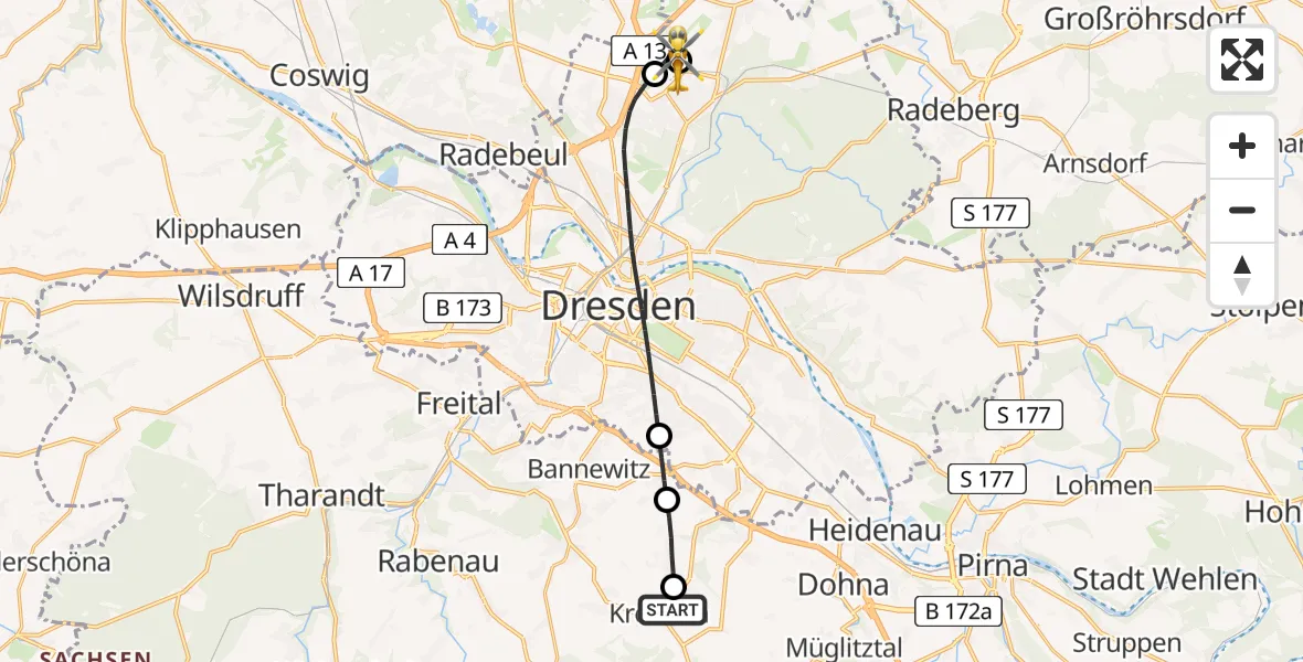 Flugroute Rettungshubschrauber Bavaria Hospital Kreischa - Dresden Flughafen, 11 Juli 2026, 10:46