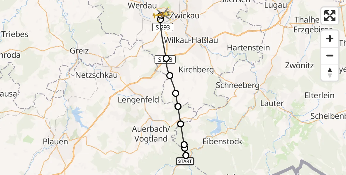 Flugroute Rettungshubschrauber Muldenhammer - ADAC Air Rescue Station Zwickau Hubschrauberlandeplatz, 11 Juli 2026, 10:49