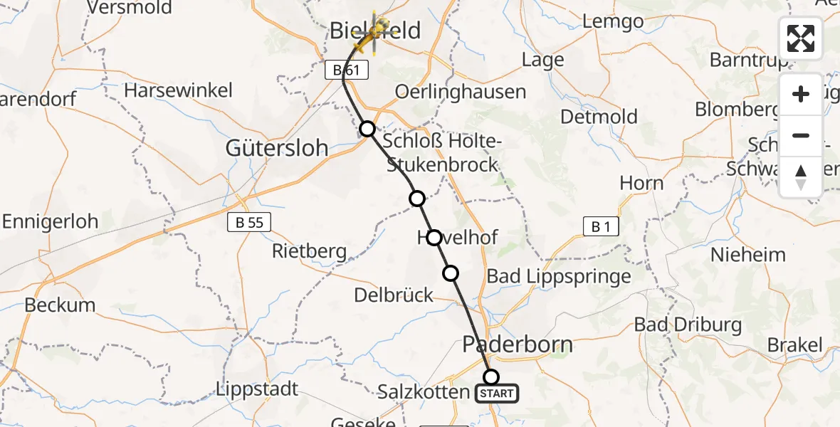 Flugroute Rettungshubschrauber Borchen - Bielefeld, 11 Juli 2026, 10:54