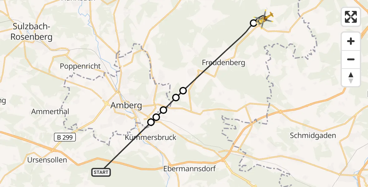 Flugroute Ambulanzhubschrauber Kümmersbruck - Schnaittenbach, 11 Juli 2026, 10:56