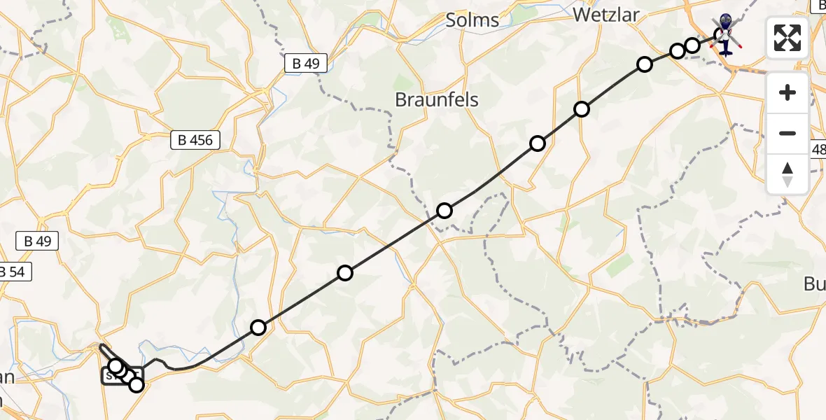 Flugroute Polizeihubschrauber Villmar - Gießen-Lützellinden Flugplatz, 11 Juli 2026, 10:57