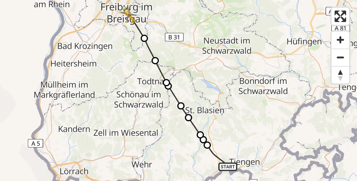 Flugroute Ambulanzhubschrauber Waldshut-Tiengen - Freiburg im Breisgau, 11 Juli 2026, 11:08